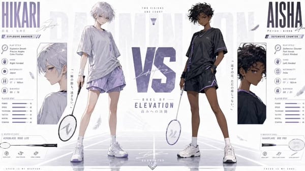 SUBJECTS: Character A @ image1: Light-skinned silver-white-haired 18-year-old female badminton play… prompt example