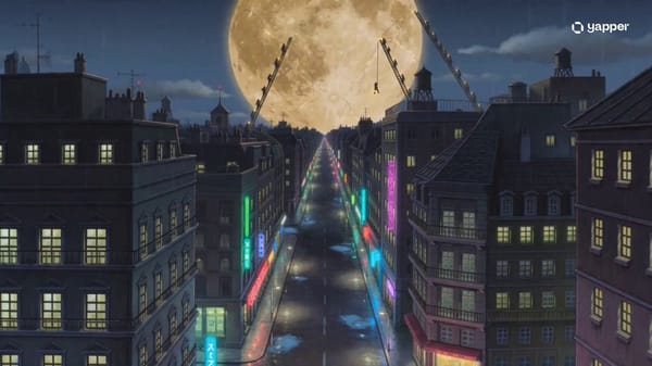 A whimsical cinematic fantasy set above a quiet sleeping city after midnight. Streets are empty…