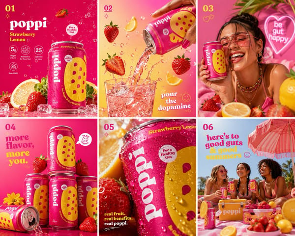 Ultra vibrant Poppi Strawberry Lemon soda hero shot, hot pink seamless background, oversized glossy… prompt example