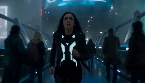 Dense futuristic megacity at night covered in fog. A woman moves through crowded elevated walkways… prompt example