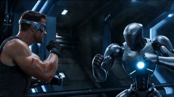 A human fighter battling a powerful humanoid AI robot in a high-tech facility, metal impacts sendin… prompt example