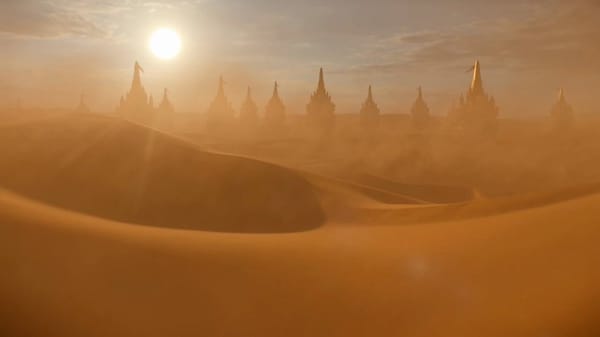 Ultra-cinematic fantasy desert sequence featuring an enormous wandering kingdom carried on the…