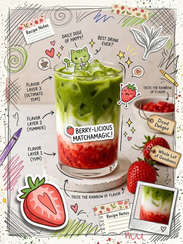 Cute scrapbook-style food photography poster, aesthetic matcha latte drink flatlay, kawaii cafe des… prompt example