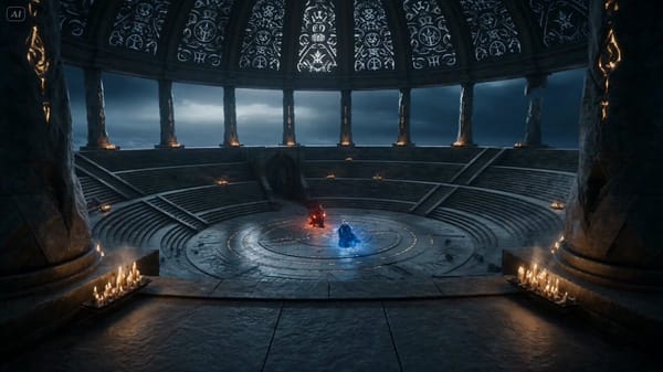 Ultra-cinematic dark fantasy mage duel inside a massive ancient observatory suspended above a s…