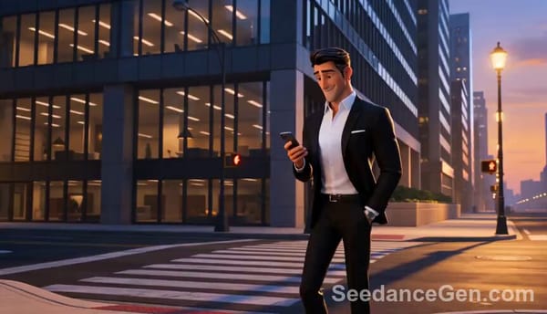 Cinematic 14s 3D animated short, premium feature-film style. Twilight city street, glass towers…