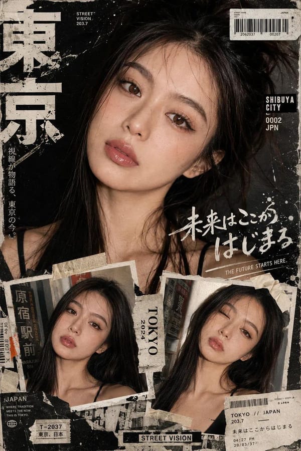 Create a bold Y2K Japanese street-editorial collage poster with a clean high-fashion magazine aesth… prompt example