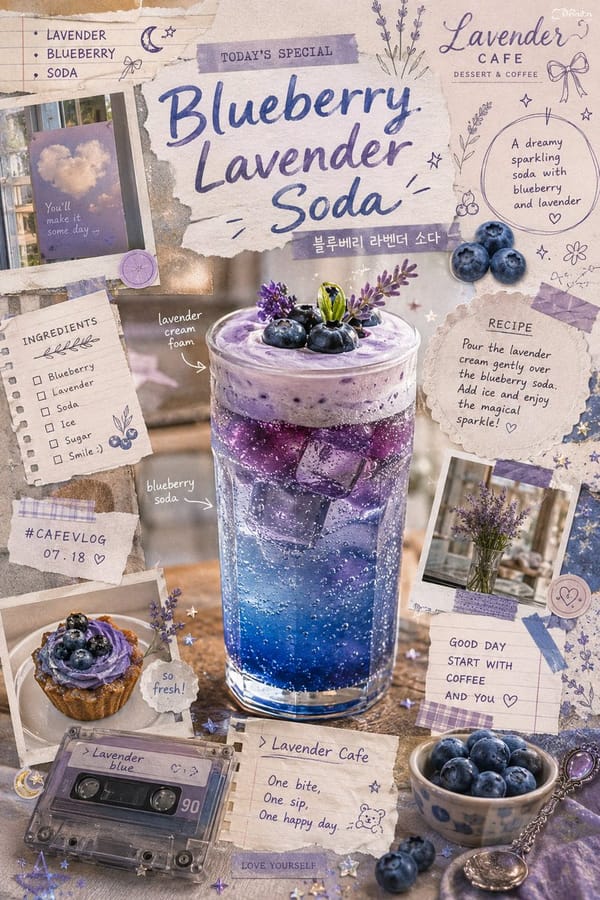 Vintage-inspired blueberry lavender soda scrapbook poster, dreamy artisanal cafe advertisement aest… prompt example