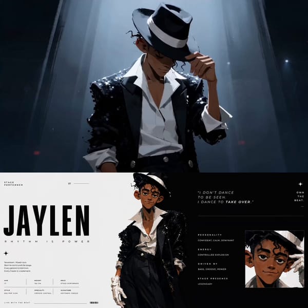 SUBJECTS 17-year-old boy inspired by Michael Jackson @ image1. Ultra short black haircut with clean… prompt example