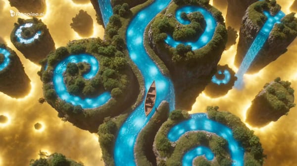 0-2 sec: Aerial view of floating islands suspended in golden light. Between them, rivers of blu…