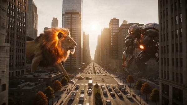 A cinematic, hyper-realistic action sequence set in a sprawling, sunlit metropolis. A colossal,…