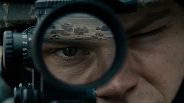 A lone sniper hidden in a ruined tower, face calm but intense, eye locked through scope, breath…