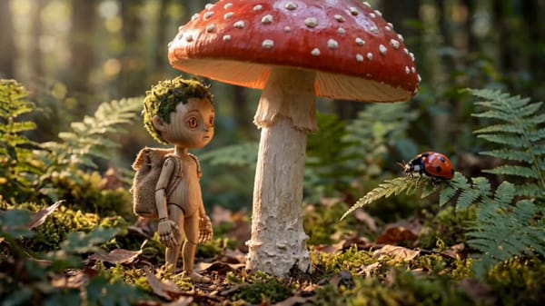 "Photoreal stop-motion aesthetic throughout. Wide shot of the small wooden puppet creature standing… prompt example