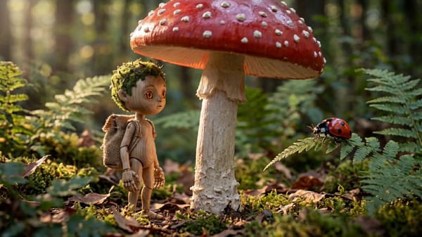 "Photoreal stop-motion aesthetic throughout. Wide shot of the small wooden puppet creature standing… prompt example