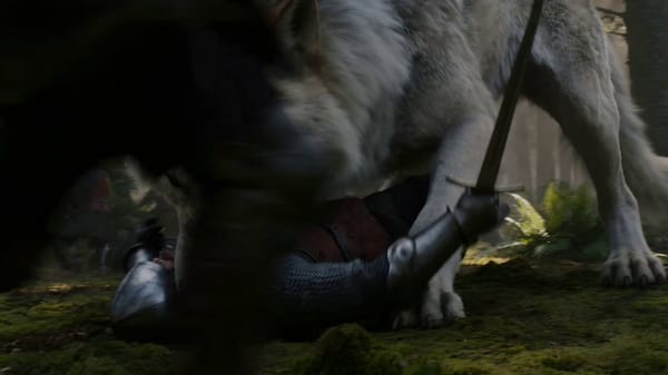 the camera is shaking, close up dynamic medieval battles, The knights attack the gigantic wolf,…