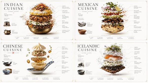 2x2 grid, 16:9, do this for Indian, Mexican, Chinese, and Iceland cuisines: INPUT: [FOOD / DRIN…