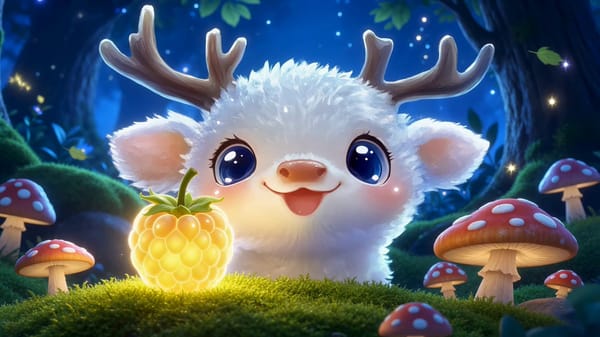 Animate the cute forest creature in a whimsical comedy scene: it spots an oversized glowing ber…