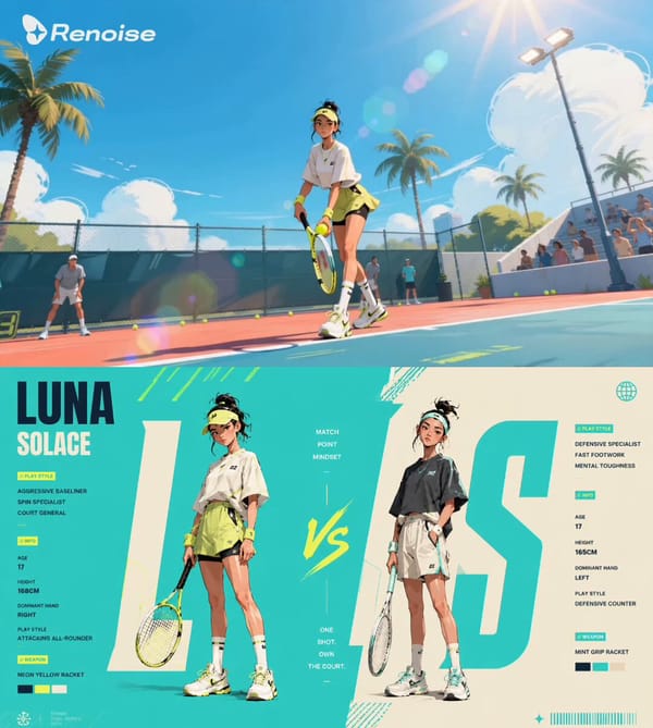 Ultra-detailed anime-inspired female tennis character design poster, “Luna Solace”, futuristic spor… prompt example