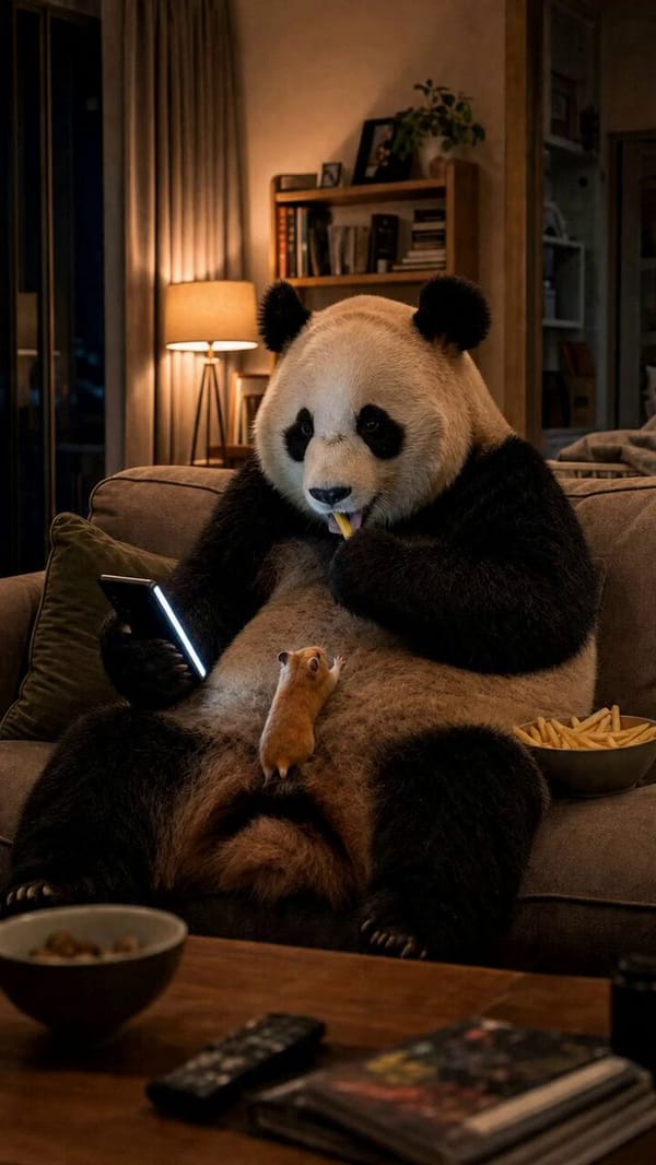 A tiny hamster dropped its fry laughing so hard it rolled off the panda's belly prompt example