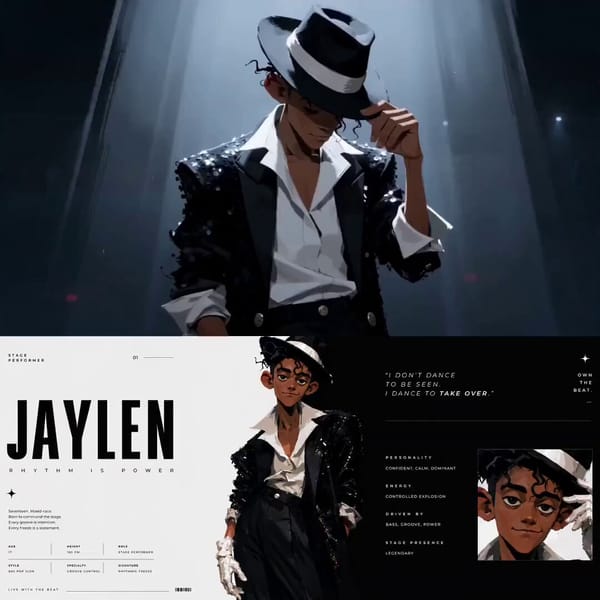 "SUBJECTS 17-year-old boy inspired by Michael Jackson @ image1. Ultra short black haircut with clea… prompt example