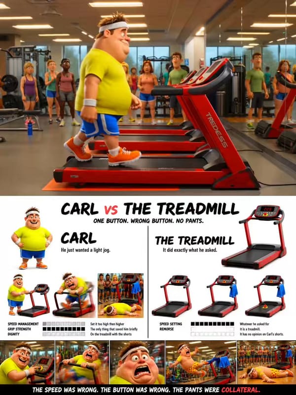 “Use the attached CARL VS THE TREADMILL character sheet throughout. Carl is a Pixar 3D man, mid…
