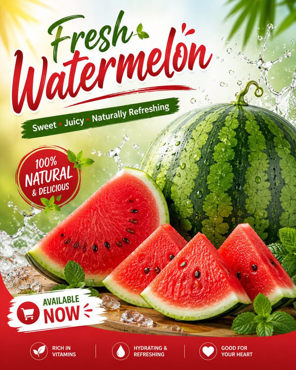 Create a fresh, eye-catching social media advertisement poster for watermelon fruit. prompt pre…