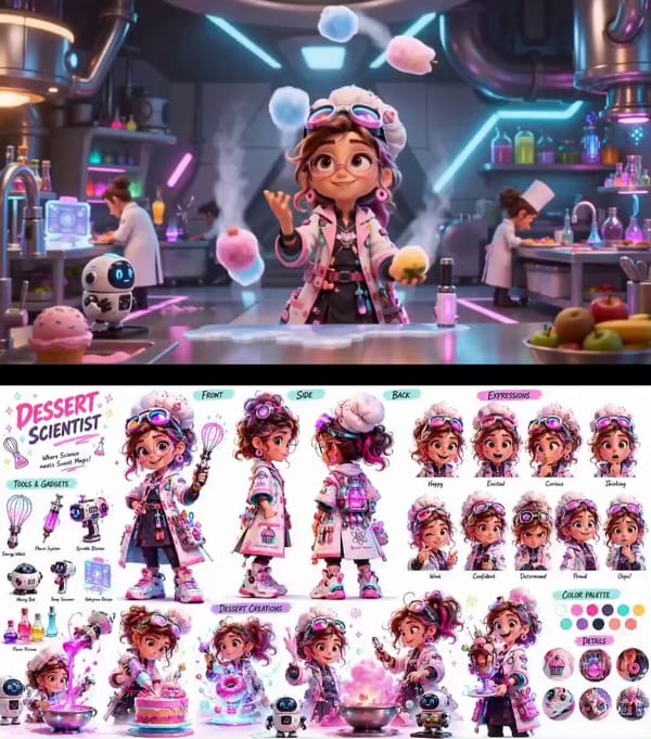 Pixar-inspired futuristic dessert scientist chef character sheet, neon-accented uniform, robotic de… prompt example