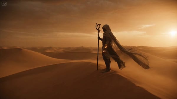 Ultra-cinematic fantasy desert sequence during a colossal sandstorm at dusk, endless dunes illu…