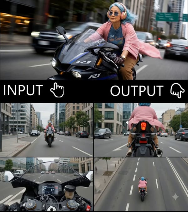 Show me this video as a 4 grid split from 4 unique novel camera angles. Each camera angle should ma… prompt example