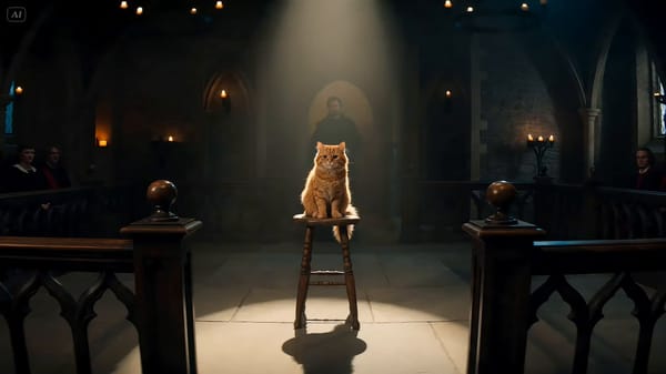 Medieval court pardons a cat for stealing fish. Make it stupidly dramatic and worth 50 likes pr…