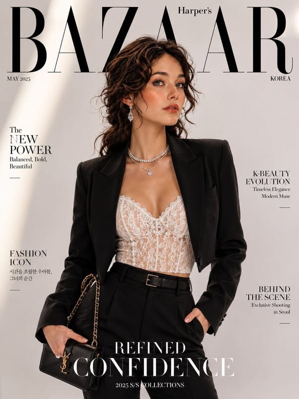 Using the provided reference image, create an ultra-realistic luxury fashion magazine cover fea…