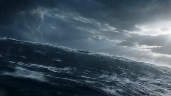 Ultra-realistic cinematic blockbuster ocean battle. Fierce athletic female warrior, long red ha…