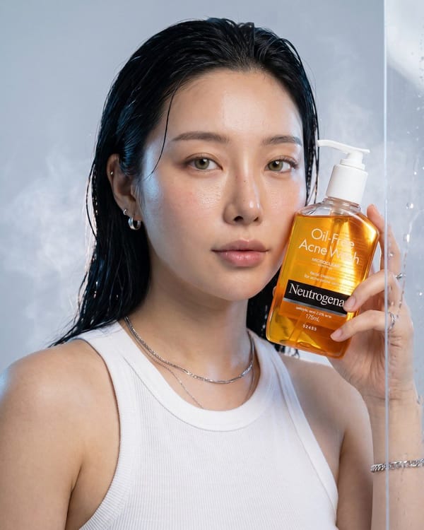 Ultra-realistic luxury skincare advertisement for Neutrogena Oil-Free Acne Wash, premium commercial… prompt example