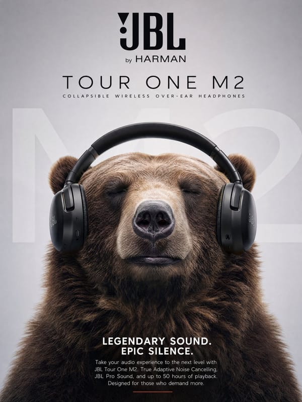 Ultra realistic commercial poster of a massive brown grizzly bear peacefully enjoying music while w… prompt example