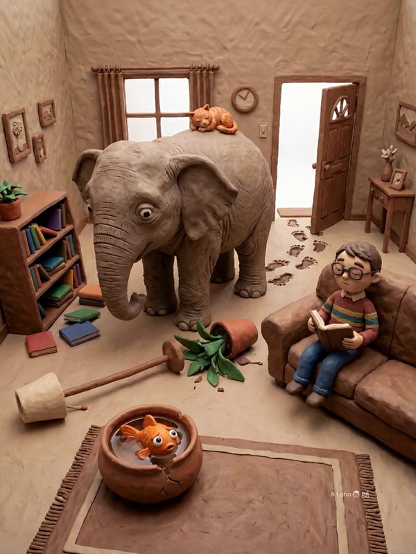 a nervous elephant tries to fix the chaos someone caused inside tiny house while the boy reads peac… prompt example