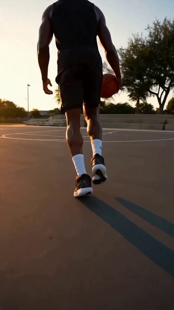 A basketball player rises into a slow-motion gravity-defying dunk on an outdoor court at golden hou… prompt example