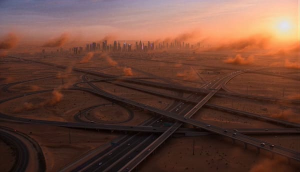 Gigantic desert megacity at sunset. Orange dust storms moving across endless highways. People conti… prompt example