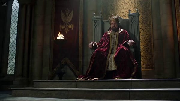 A medieval throne room. A jester shows the king a scroll with a meme on it. Make it stupidly dr…