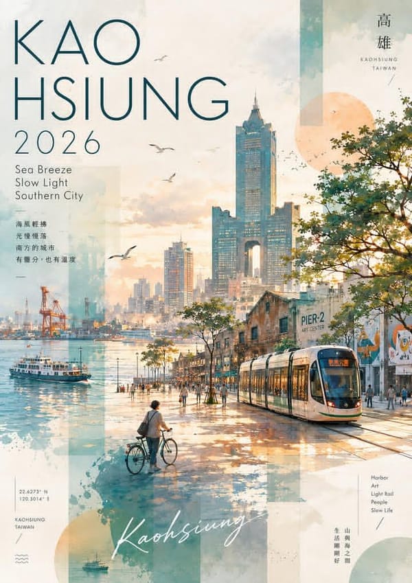 Watercolor and collage travel poster for Kaohsiung, Taiwan, vertical layout, soft pastel and warm g… prompt example