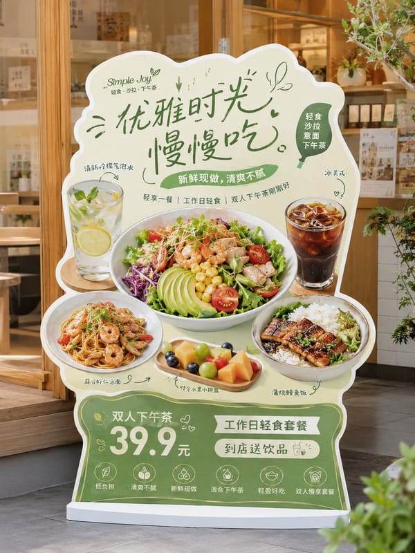 请生成一张高完成度的「餐饮异形展架 / 立牌」设计图，用于展示餐饮门店的新品推荐、招牌产品、套餐促销或品牌活动信息。 prompt example