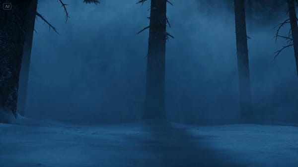 Ultra-cinematic dark fantasy survival sequence deep inside a frozen pine forest during a violen…