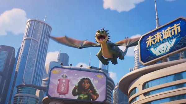 A cinematic cartoon-style scene with oversized, stylized characters in a futuristic world. A ma…
