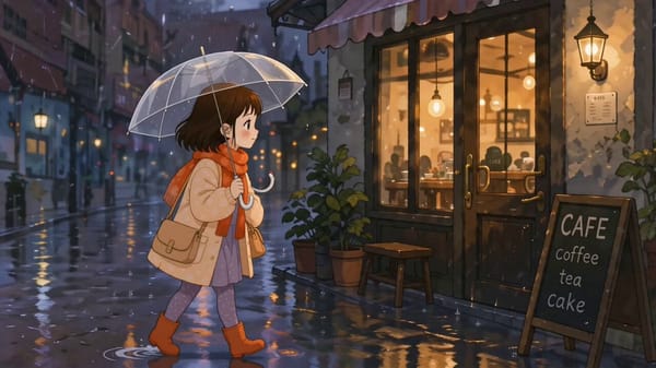 Cute animation about a girl who forgot her umbrella at the cafe prompt example