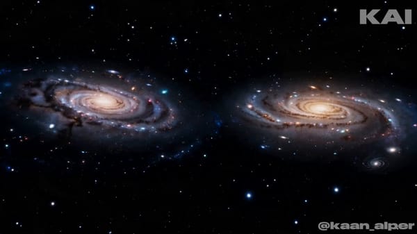 Cinematic deep-space documentary aesthetic, photoreal cosmic scale, Milky Way and Andromeda gal…