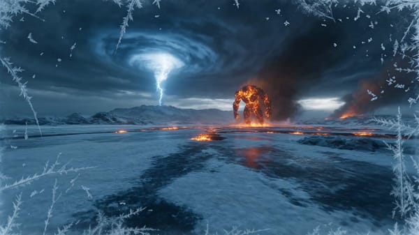 First-person POV of an ice-powered fighter standing on a frozen battlefield under a raging stor…