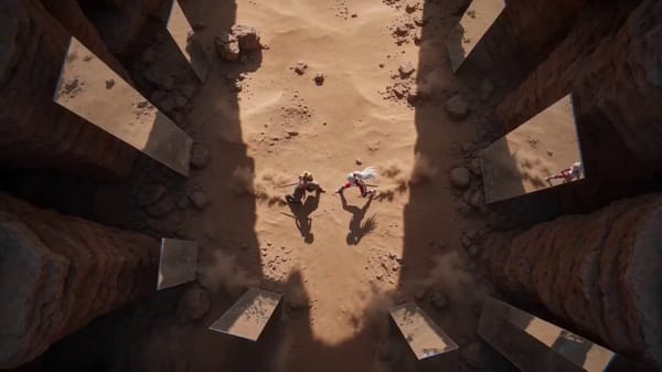 SHOT 1 (00:00–00:02) — Arena Reveal EFFECT: Crane descent + volumetric god rays Camera plunges…