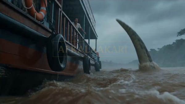 Cinematic action horror scene on a stormy Amazon river during heavy tropical rain. A large wood…