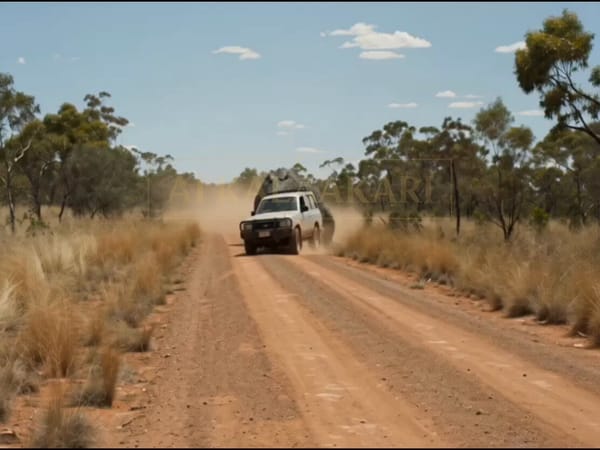 Cinematic action horror sequence in the bright sunny Australian outback. A white Ford SUV speed…