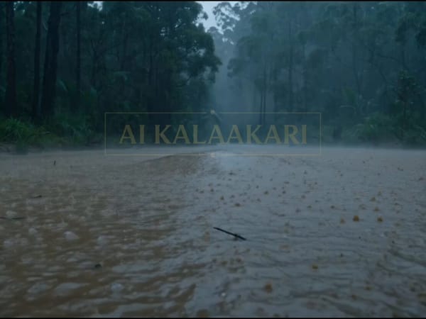Cinematic action horror scene in a dark, misty Australian rainforest during heavy rain. A massi…