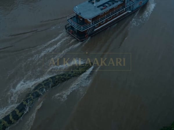 Cinematic action horror sequence during a heavy tropical rainstorm on a murky Amazon river. A l…