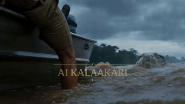 Cinematic action horror scene on a stormy river with heavy rain and choppy muddy water. A massi…